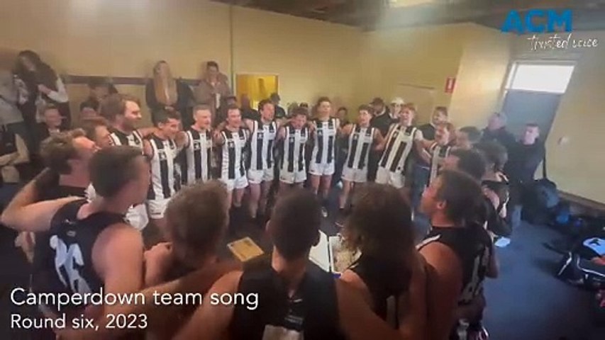 Camperdown sings the team song after defeating Port Fairy in round six of the 2024 Hampden league football.