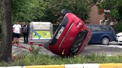 Beylikdüzü’nde park halindeki araçlara çarpan otomobil takla attı