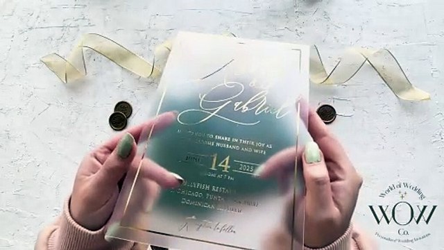 Acrylic Wedding Invitation with Gold Foil Print and Emerald Green Pocket Envelope - 9235EGG