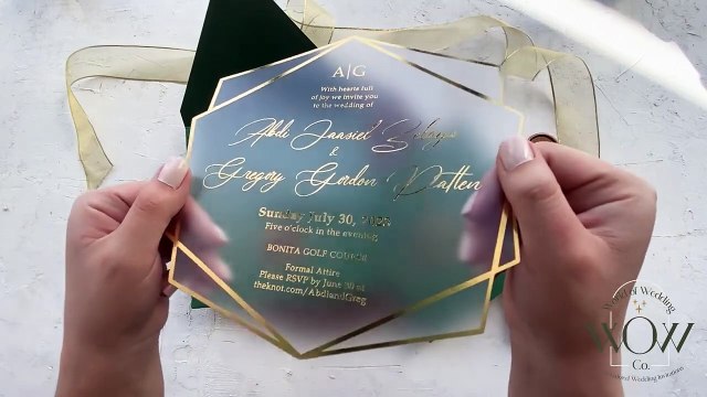 Acrylic Wedding Invitation Set with Gold Foil Print and Emerald Green Envelope - 1149EGG