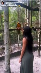 Ex-BBB Isabelle reencontra sua "filha", a arara Jackson
