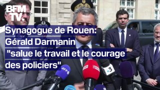 Gérald Darmanin s'exprime à Rouen après avoir décoré les policiers et les pompiers intervenus lors de l'incendie de la synagogue