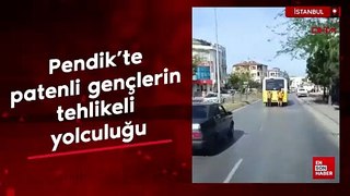 İstanbul Pendik'te patenli gençlerin tehlikeli yolculuğu