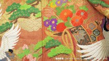 Vibrant Gold & Colorful Flowers Uchikake - Unique Antique-Paper Look - Embroidered Chrysanthemums, Cranes, Pine Trees, Peonies, Clouds, & Flower Carts, Branded