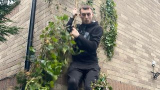 Hilarious moment as man drops 8ft after ripping off an ivy branch