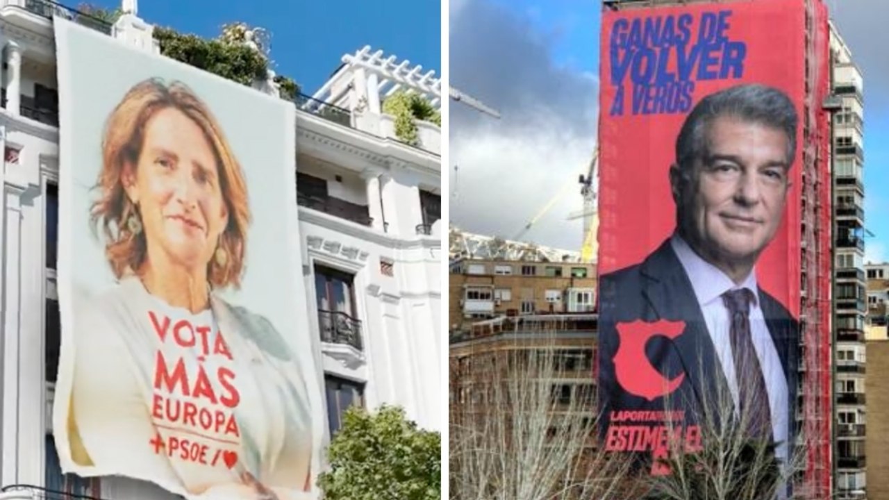 PSOE simula desplegar una lona de Teresa Ribera en Génova al estilo Laporta