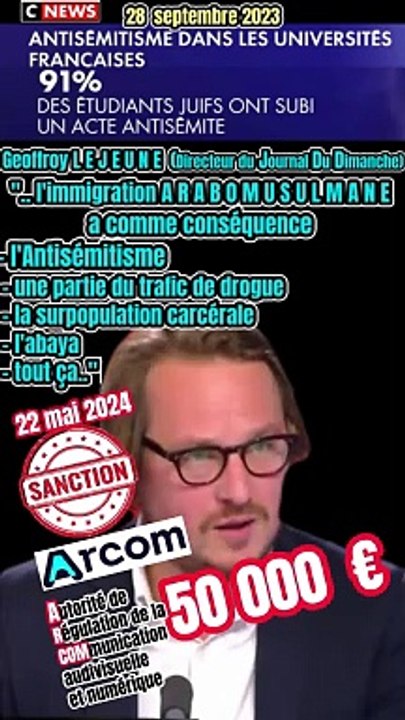 Amende de 50 000 euros  Arcom / CNews