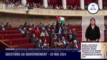 Incident : Un député de la France Insoumise, Sébastien Delogu, se lève et brandit un drapeau palestinien à l'Assemblée Nationale provoquant la suspension de la séance : 