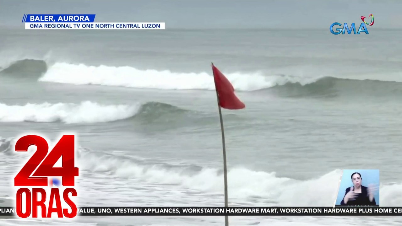 Baybayin ng Baler, hinampas ng malalaking alon; mga turista, pinayagang lumusong pero may bantay | 24 Oras