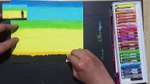 PAINTING AN EVENING SCENE WITH A LONELY MAN LOOKING AT THE MOON - PAINTING WITH OIL PASTELS