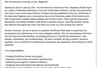 WordPress Webmaster Job in American University of Iraq - Baghdad (AUIB)