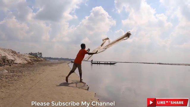 Cast Net Fishing At The River With Beautiful Natural Net Fishing in The Village River