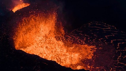 Watch a close-up view of Iceland volcano shooting lava into air