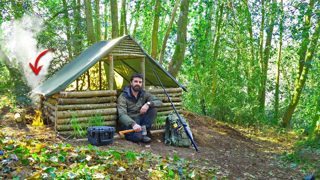 SURVIVAL SHELTER WITH FIREPLACE 2 Days Solo Bushcraft in the woods