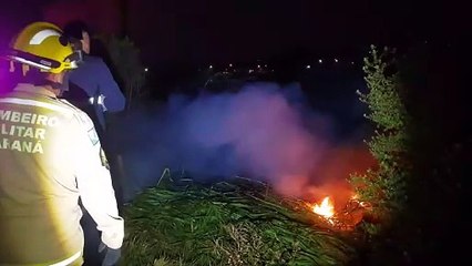 Bombeiros combatem incêndio em vegetação às margens da rodovia BR-277