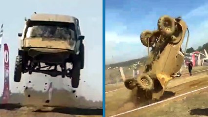 Off-road aracı yarışta takla attı; yoluna devam etmeye çalıştı