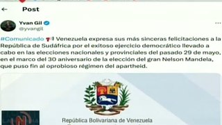 Venezuela felicita a Sudáfrica por comicios nacionales y provinciales celebrados el 29 mayo