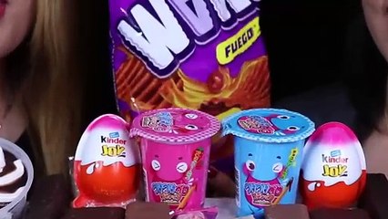 ASMR LEFTOVER DESSERT RACE! BLUE VS PINK CHOCOLATE DIP CUPS, KINDER EGGS, ICE CREAM SUNDAE, FERRERO