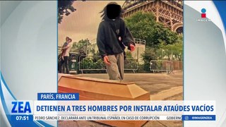 Detienen a tres por instalar ataúdes vacíos a los pies de la torre Eiffel