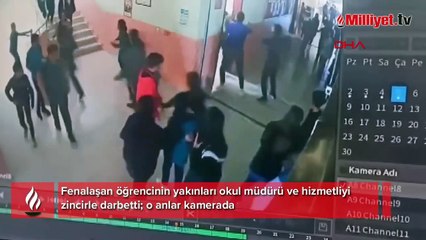 Download Video: Okulda şiddet! Öğrencinin yakınları okul müdürü ve hizmetliyi zincirle darbetti