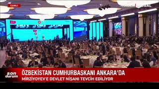 Özbekistan Cumhurbaşkanı Mirziyoyev'e devlet nişanı tevcih ediliyor