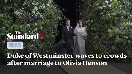 Duke of Westminster waves to crowds after marriage to Olivia Henson