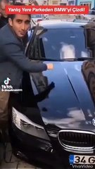 Yanlış yere park eden lüks aracı çizik içinde bıraktı, kaportaya adını yazdı