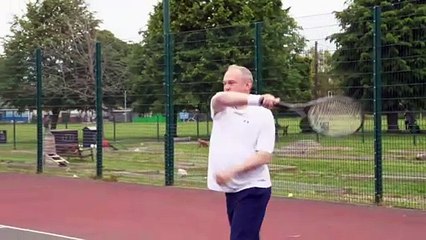 Ed Davey shows off his tennis skills during park visit