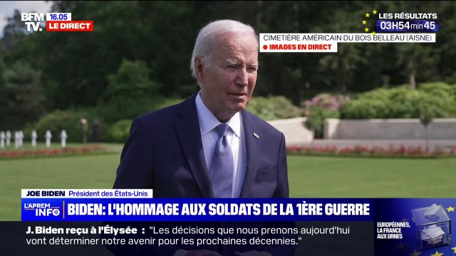 À chaque fois que je me rends dans un lieu où des vétérans sont enterrés, cela me rappelle mon grand-père , confie Joe Biden depuis le cimetière américain du Bois Belleau (Aisne)