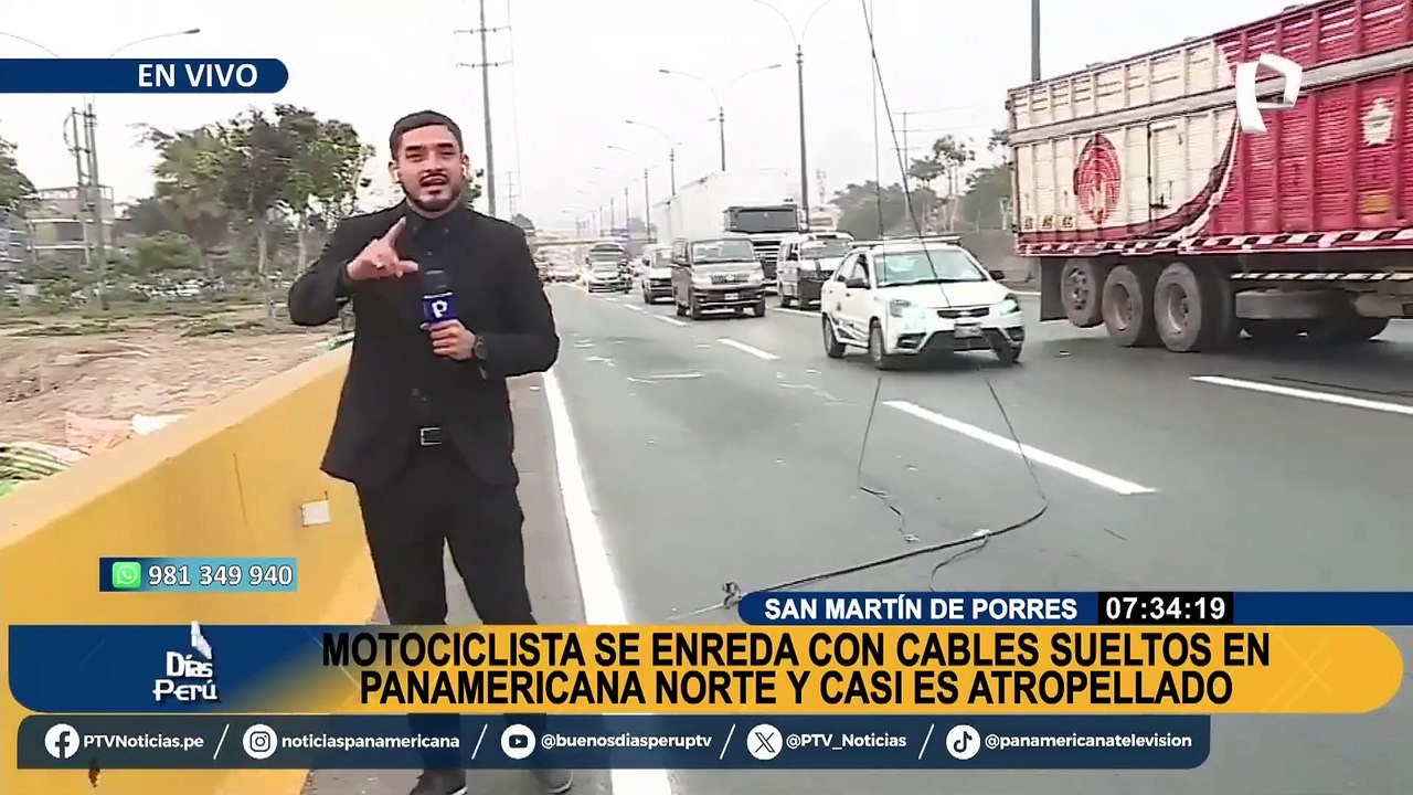 Motociclista casi es atropellado tras quedar atrapado con cables sueltos en la Panamericana Norte