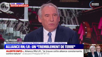 "Est en train de se lever et de se former dans le pays, un mouvement qui dit non à l'extrême droite et non à l'extrême gauche", décrit François Bayrou