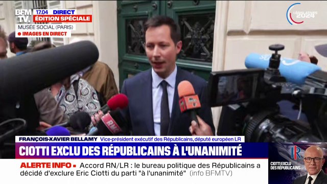 Exclusion d'Éric Ciotti: Elle est le résultat des incohérences (...) qui de tous bords ont sali la vie démocratique , affirme François-Xavier Bellamy (président des Républicains par intérim)