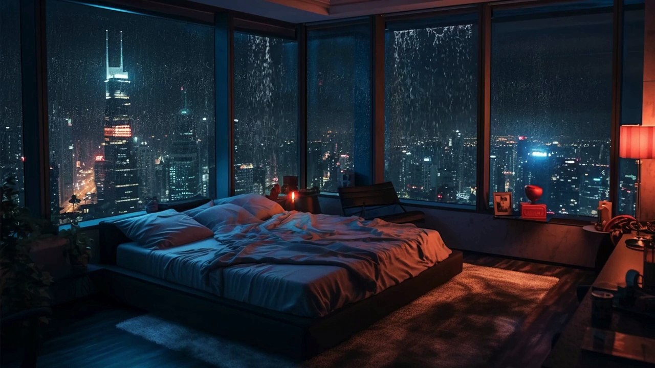 Cozy Bedroom With A Night View Of New York In Heavy Rain| Rain Sounds, Rain On Window| rainasmr |4Kdesign