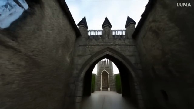 Fast FPV drone flythrough of a European castle, beginning with an aerial view of the towering stone walls and turrets, then gliding through an open window into the grand interior halls.