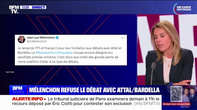 Législatives: pour Jean-Luc Mélenchon, c'est aux chefs des grands partis du nouveau Front populaire de débattre face à Gabriel Attal et Jordan Bardella