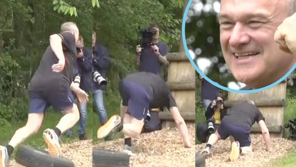 Sir Ed Davey falls over whilst taking on Tunbridge Wells assault course