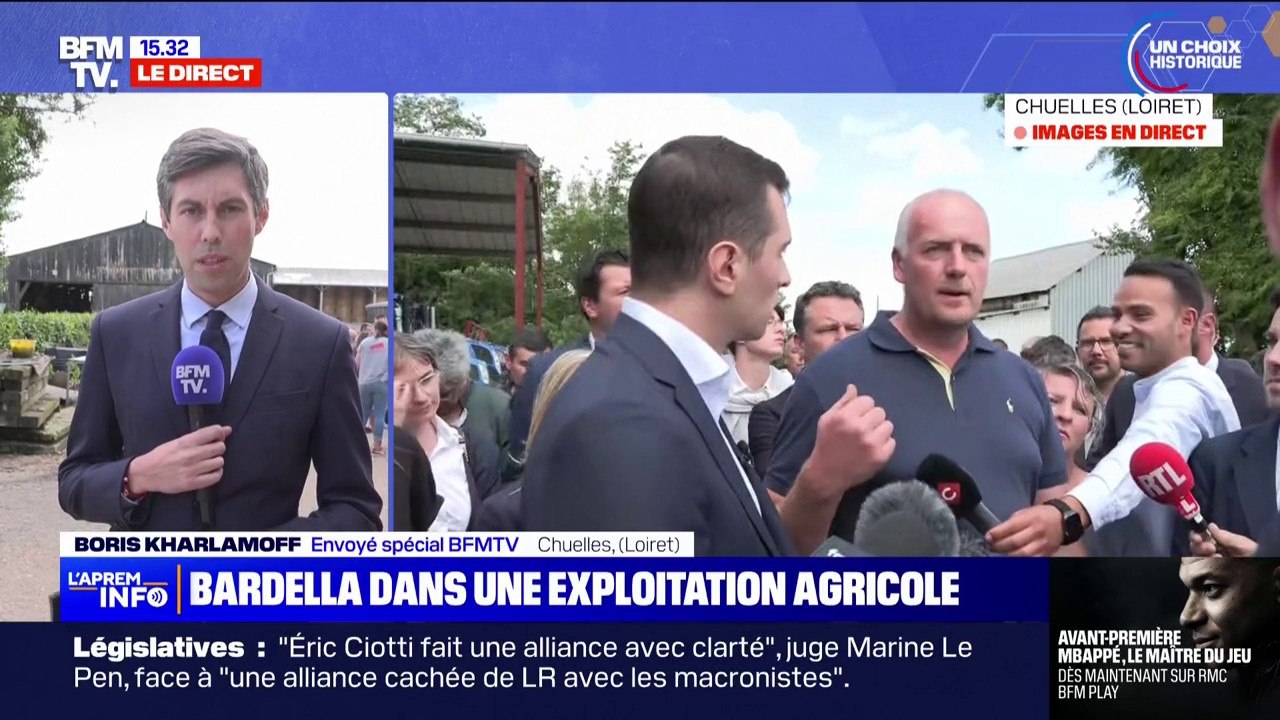 Législatives: Jordan Bardella est arrivé à Chuelles (Loiret) dans une exploitation agricole pour son premier déplacement de campagne