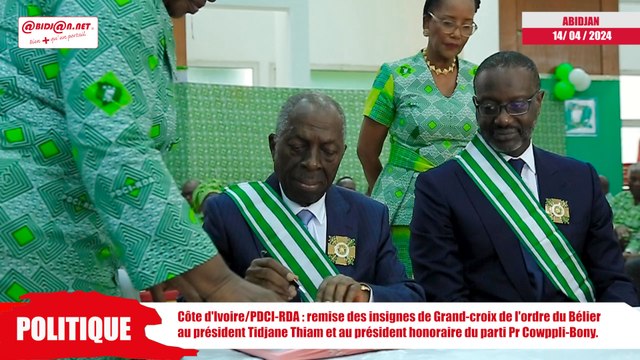 Côte d'Ivoire/ PDCI-RDA : remise des insignes de Grand-croix de l'ordre du Bélier au président Tidjane Thiam et au président honoraire du parti Pr Cowppli-Bony.