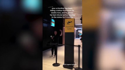 Son reveals tattoo to mum just before boarding plane to America