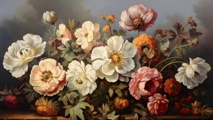 Rustic Moody Oil Painting of Large Vintage Peonies | Floral Art Screensaver for TV | 1 hour Video