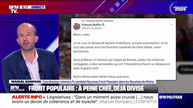 Manuel Bompard évoque des formules extrêmement violentes après la prise de position de François Ruffin dans l'investiture d'Adrien Quatennens