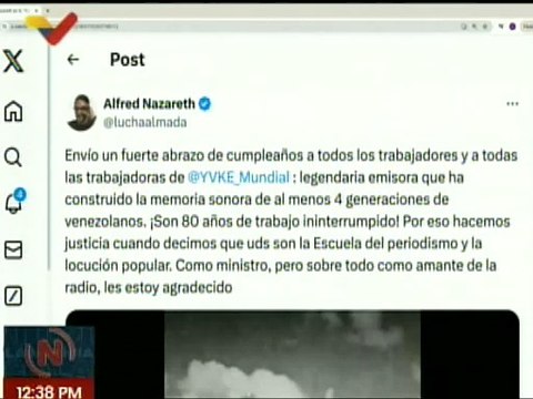 Vpdte. Sectorial de Com. Freddy Ñáñez felicitó a YVKE Mundial por su 80 aniversario