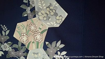 1980s Blue Chirimen Silk Houmongi for Women - Traditional Japanese Kimono - Unique Kaga Yuzen Style