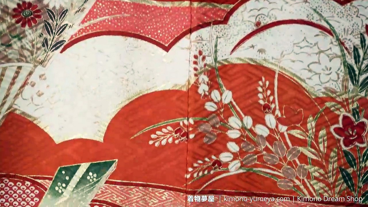 Red Black Gold Furisode with Clouds Fog & Folding Fans - Vintage Silk Formal Kimono for Women Orange