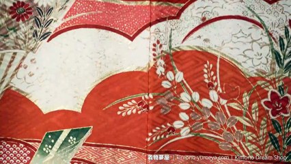 Red Black Gold Furisode with Clouds Fog & Folding Fans - Vintage Silk Formal Kimono for Women Orange