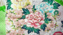 Green & White Shibori Furisode with Plum Blossoms Peonies Hanaguruma - Vintage 1980s Silk Japanese