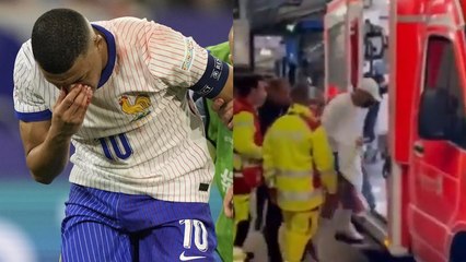 Mbappé sale en ambulancia del Merkur Spiel-Arena de Düsseldorf tras la fractura de nariz en el duelo contra Austria