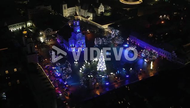 Drone aerial view of Christmas tree in Kaunas, Lithuania