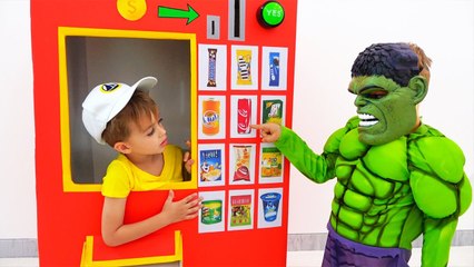 Children's toy story about vending machines of superheroes Vlad and Nikita