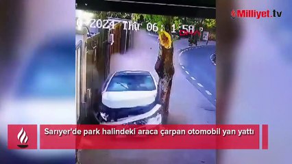 Park halindeki araca çarpan otomobil yan yattı